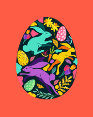 Colorful and bright easter egg shape decorated with floral flowers and plants, rabbits and easter eggs. Vector illustration.