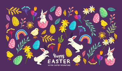 Bright easter celebrations collection with eggs, rabbits and floral decorations! Vector illustration