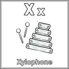 Alphabet flashcard letter X learning with cute xylophone drawing sketch for coloring