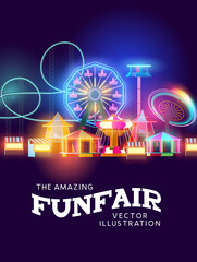 Neon glowing funfair rides and attractions, Vector amusement park. - obrazy, fototapety, plakaty
