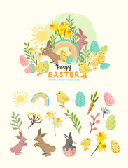 Obraz premium A collection of easter and spring illustration designs with rabbits, eggs and floral decorations. Vector collections