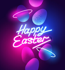 A glowing retro neon sign with happy easter text and chocolate eggs. Vector illustration. - 489966178