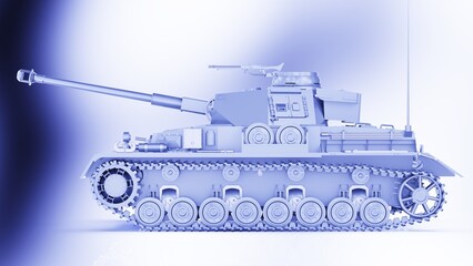 Metallic military silver painting tank on blue-black lighting background. Concept image of power strength, dynamic strategy and strong system. 3D illustration. 3D high quality rendering.  