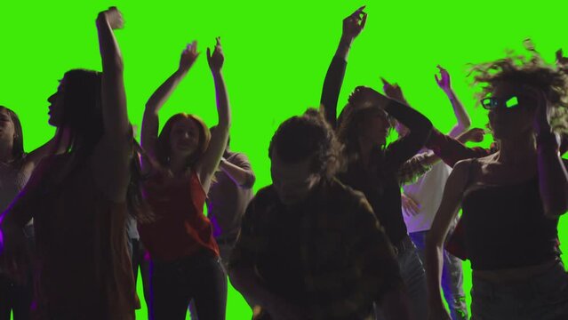 Friends are chilling and dancing with each other in slow-motion on greenscreen