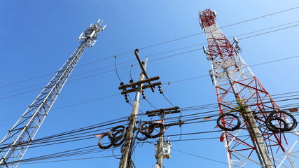 Power system of telecommunication towers. Transformer with high voltage transmission lines on...