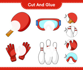 Cut and glue, cut parts of Bowling Pin, Goggle, Ping Pong Racket, Goalkeeper Gloves and glue them. Educational children game, printable worksheet, vector illustration