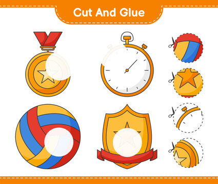 Cut and glue, cut parts of Stopwatch, Trophy, Volleyball and glue them. Educational children game, printable worksheet, vector illustration