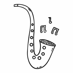 Saxophone and sheet music. Musical instrument. Vector doodle illustration.