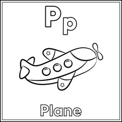 Alphabet flashcard letter P learning with cute plane drawing sketch for coloring