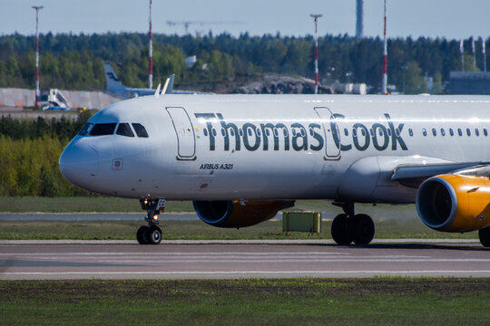 Airbus A321, operated by later bankcrupted airline Thomas Cook, taxiing at Helsinki-Vantaa airport.