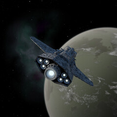 Interplanetary Gunship Approaching a Green Planet, 3d digitally rendered science fiction illustration