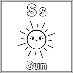 Alphabet flashcard letter S learning with cute sun drawing sketch for coloring