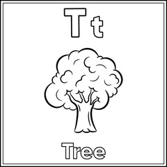 Alphabet flashcard letter T learning with cute tree drawing sketch for coloring