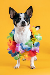 Chihuahua dog wearing hawaiian flowers necklace and pink feathers on the head by a yellow background. 