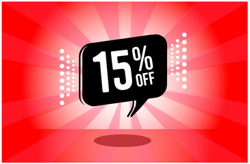 15% off. red banner with fiveteen percent discount on a black balloon for mega big sales.