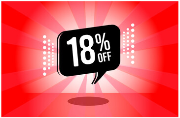 18% off. red banner with eighteen percent discount on a black balloon for mega big sales.