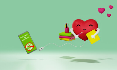 Disconnect to reconnect to yourself, digital detox, heart enjoying books and art, 3D illustration