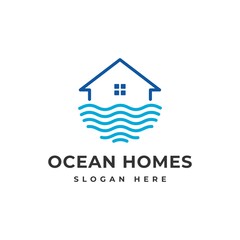 Ocean home sea wave coast house logo vector 