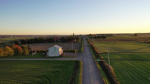 Aerial view of North American farmland at sunset