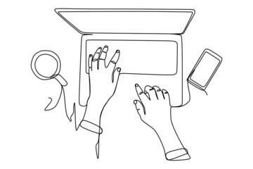 Single continuous line drawing of Person play or working with phone or smartphone and laptop. Modern simple line draw design. Vector illustration minimalism design smart mobile technology theme. © riz