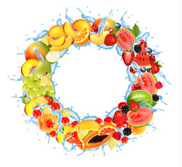 Fruit in water splash frame. Strawberry, raspberry, blueberry, blackberry, orange, guava, watermelon, pineapple, mango, peach. Vector.