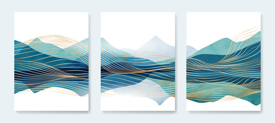 Landscape white background with blue mountains and hills with golden abstract lines waves. Set of art posters for decoration, wallpaper, design © VectorART