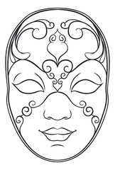 Frontal view of beautiful female Volto mask to coloring, Vector illustration