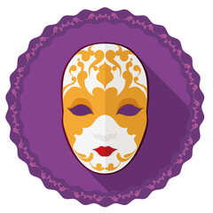 Round button with beautiful female Volto mask in flat style, Vector illustration