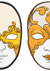 Split male and female Volto masks with golden decoration, Vector illustration