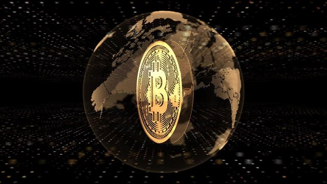 Rotating gold bitcoins in digital world map, crypto currency, 3d rendering 4k
