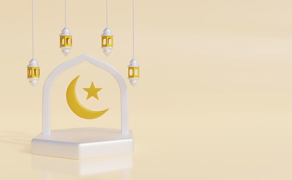 Ramadan Kareem image. Ramadan Kareem 3d illustration with copy space.Traditional religious symbol crescent, hanging lanterns, gold confetti