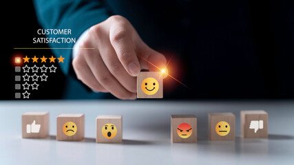 Customer review satisfaction feedback survey concept, User give rating to service experience on online application, Customer can evaluate quality of service leading to reputation ranking of business.