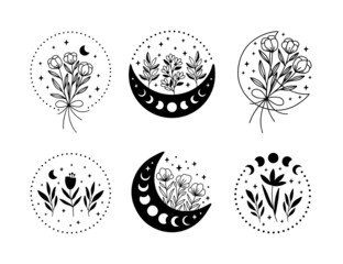 Moon with wildflower vector illustration collection. Contemporary floral art clipart. Hand drawn boho decor. Celestial t shirt print, bohemian poster, magic card, tattoo, sticker. - obrazy, fototapety, plakaty
