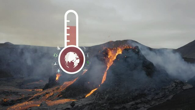 Thermometer showing increasing global warming next to volcanic eruption, post apocalyptic atmosphere, global warming concept