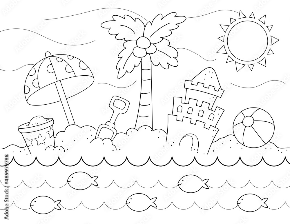 Wall mural summer coloring page for kids, sunny day at the beach to play with a beach ball, a sand castle and m