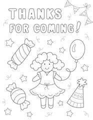 coloring page for kids, giving thanks to friends for attending the birthday party. a cute little girl, sweets and lots of shapes to color. you can print it on standard 8.5x11 inch paper