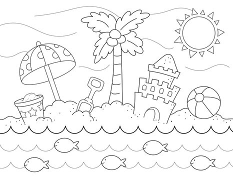 summer coloring page for kids, sunny day at the beach to play with a beach ball, a sand castle and many fun shapes to color. you can print it on standard 8.5x11 inch paper
