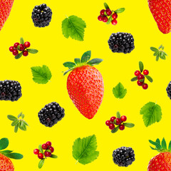 Falling berries seamless pattern isolated on yellow background, different flying forest berries.