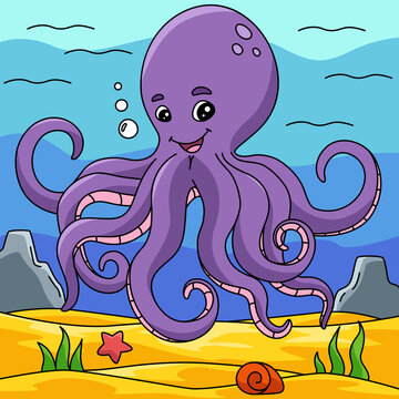 Octopus in Ocean Cartoon Colored Illustration