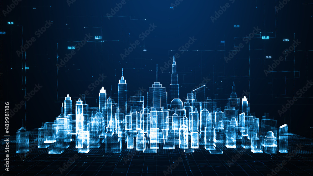 Aufkleber Smart city using artificial intelligence. Futuristic technology internet and big data 5g connection. Cybersecurity digital data background 3d rendering