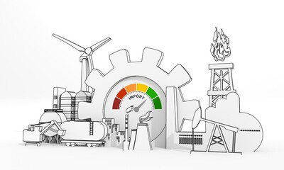 Energy and power industrial concept. Industrial icons and gear with meter scale of import. 3D Render