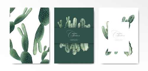 Watercolor cactus template background vector design set