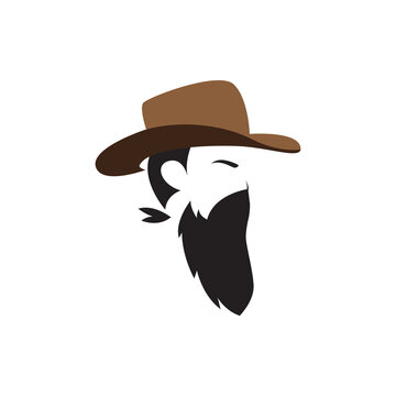 man face with hair and beard cowboy wearing hat side view logo vector icon symbol illustration design