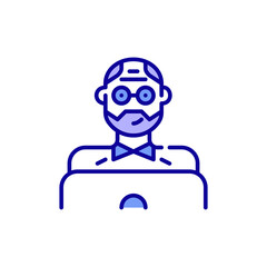 Grandpa using a laptop. Senior adult working or browsing internet. Pixel perfect, editable stroke color icon