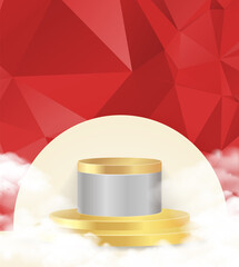 3D vector abstract podium, pedestal, plaque, cylinder steps of a round gold frame. The concept of minimalistic layout, empty space and space. Mock Up. on red background abstract polygon