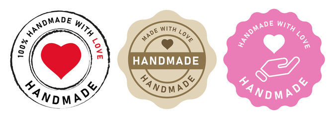 Handmade with love handcrafted product icon emblem label set with heart shape design in red pink and brown