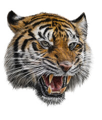 Realistic tiger head angry hand draw and paint color with clipping path on white background