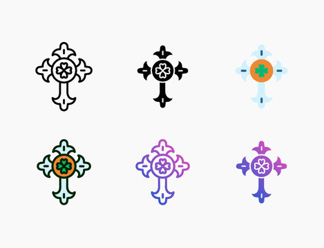 Celtic cross icon set with different styles. Style line, outline, flat, glyph, color, gradient. Editable stroke and pixel perfect. Can be used for digital product, presentation, print design and more.