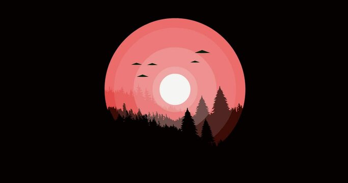 animation of mountains and birds flying with pink sunshine in circles