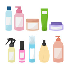 Cosmetics in bottles set. Shampoo, facial wash, little, cream, spray, balm.